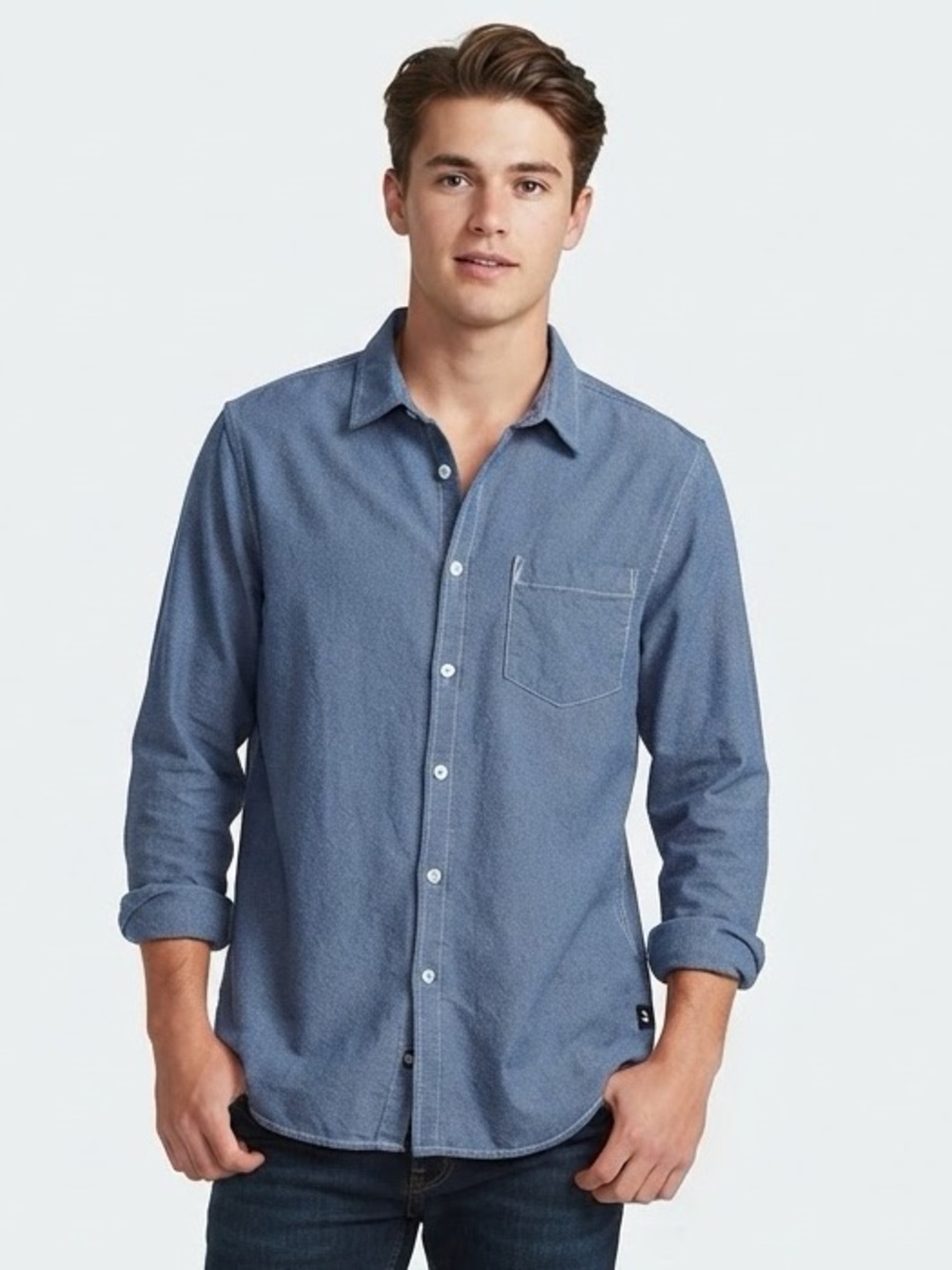 Stussy Men's Medium Blue Herringbone Long Sleeve Button Down Shirt Streetwear